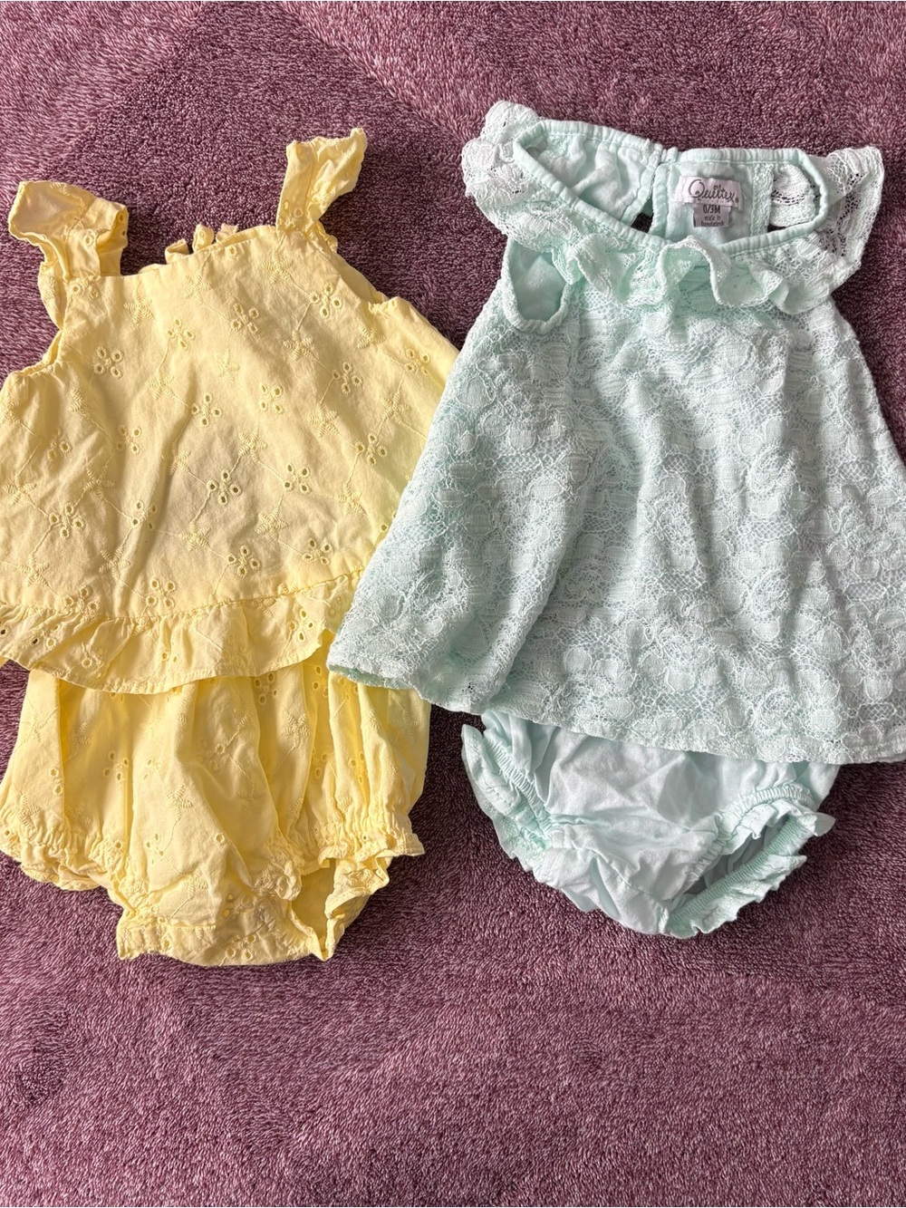 Cloud Island Mint Lace Baby Dress & Yellow Eyelet Romper Set